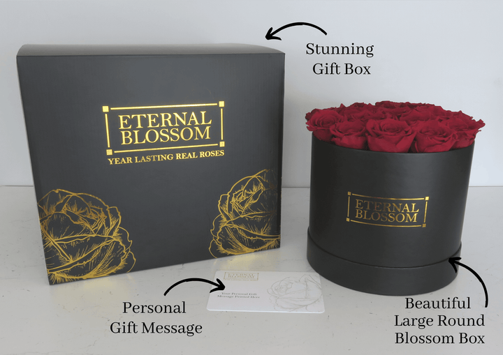 Large Round Blossom Box - Black Box - Year Lasting Rose Arrangement - Eternal Blossom