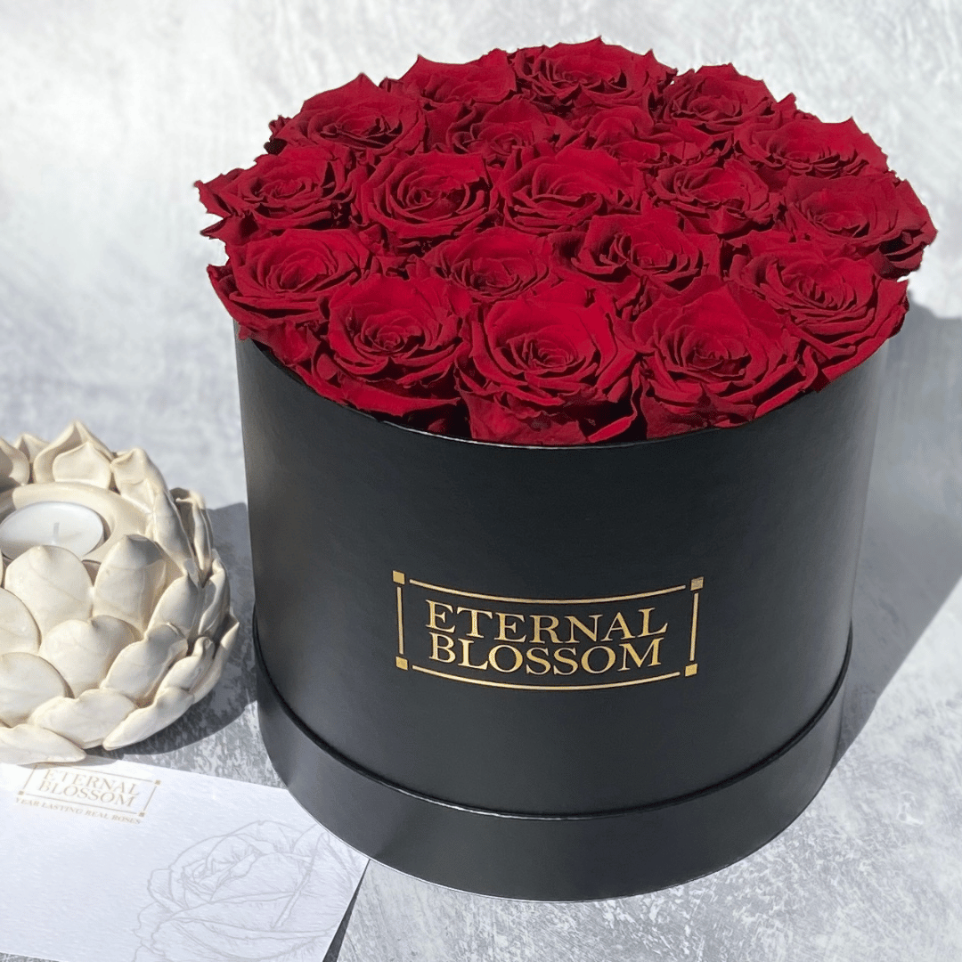 Large Round Blossom Box - Black Box - Year Lasting Rose Arrangement - Eternal Blossom