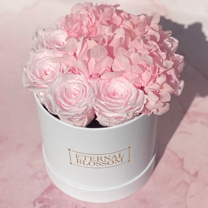 Medium Round Blossom Box - Infinity Roses & Hydrangeas