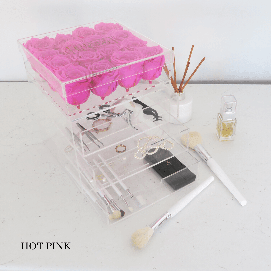 16 Piece Makeup / Storage Box - All Colours of Year Lasting Infinity Roses - Eternal Blossom