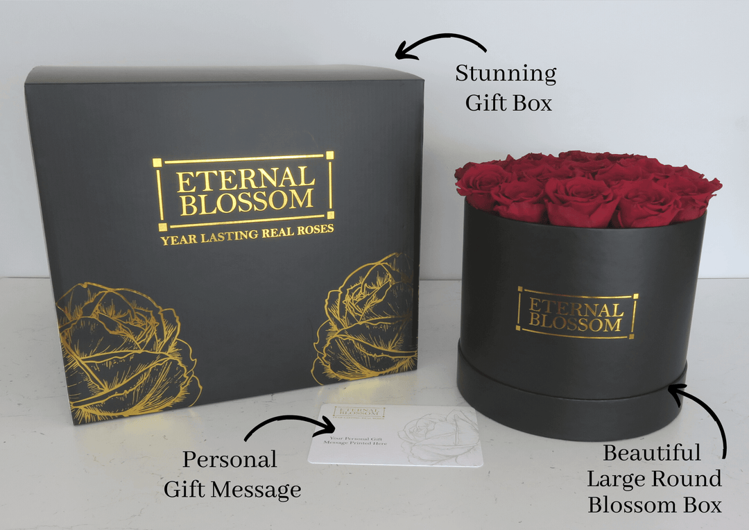 Large Round Blossom Box - Black Box - Year Lasting Rose Arrangement - Eternal Blossom