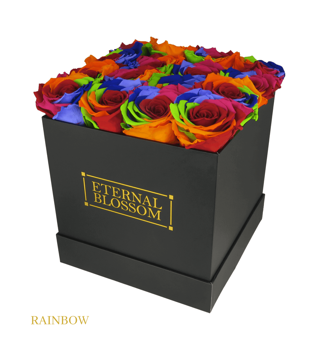 16 Piece Blossom Box - Black Box - All Colours of Year Lasting Infinity Roses - Eternal Blossom