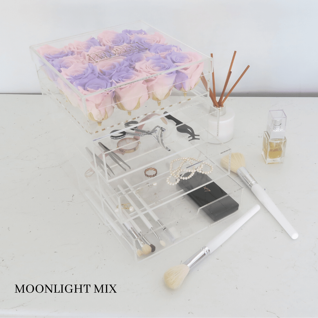 16 Piece Makeup / Storage Box - All Colours of Year Lasting Infinity Roses - Eternal Blossom