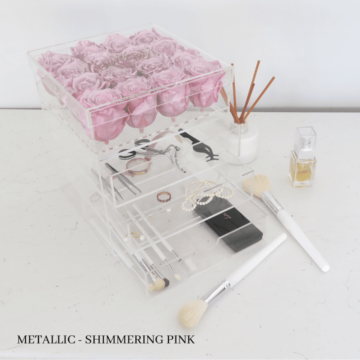 16 Piece Makeup / Storage Box - All Colours of Year Lasting Infinity Roses - Eternal Blossom