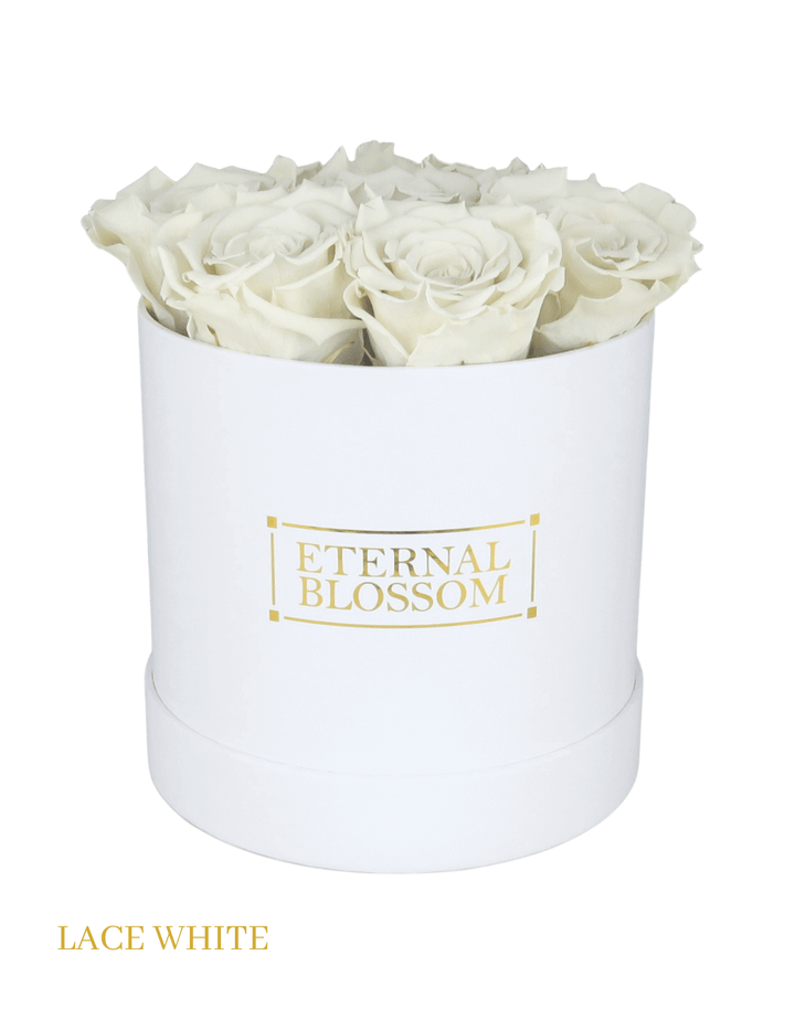 Medium Round Blossom Box - White Box - All Colours of Year Lasting Infinity Roses