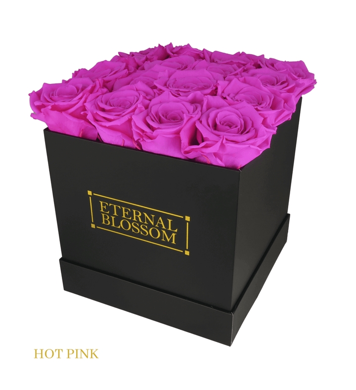 16 Piece Blossom Box - Black Box - All Colours of Year Lasting Infinity Roses - Eternal Blossom