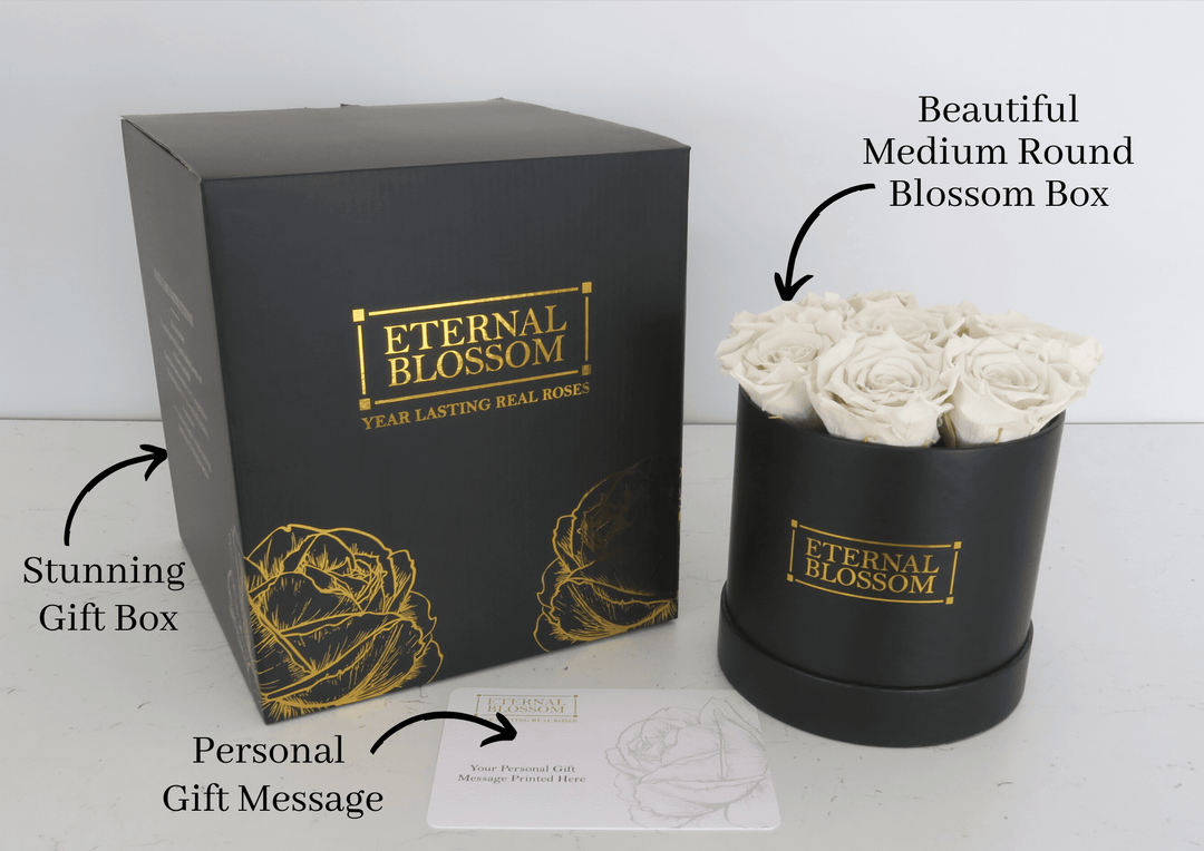 Medium Round Blossom Box - Black Box - All Colours of Year Lasting Infinity Roses