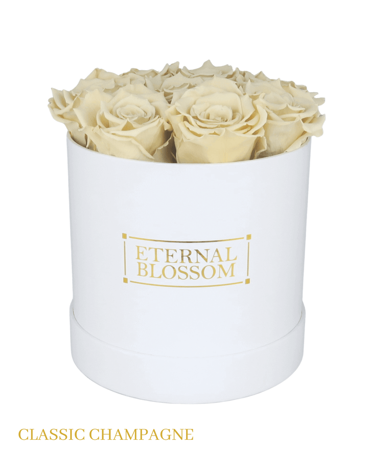 Medium Round Blossom Box - White Box - All Colours of Year Lasting Infinity Roses