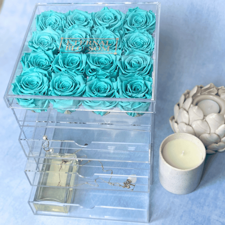 16 Piece Makeup / Storage Box - All Colours of Year Lasting Infinity Roses - Eternal Blossom