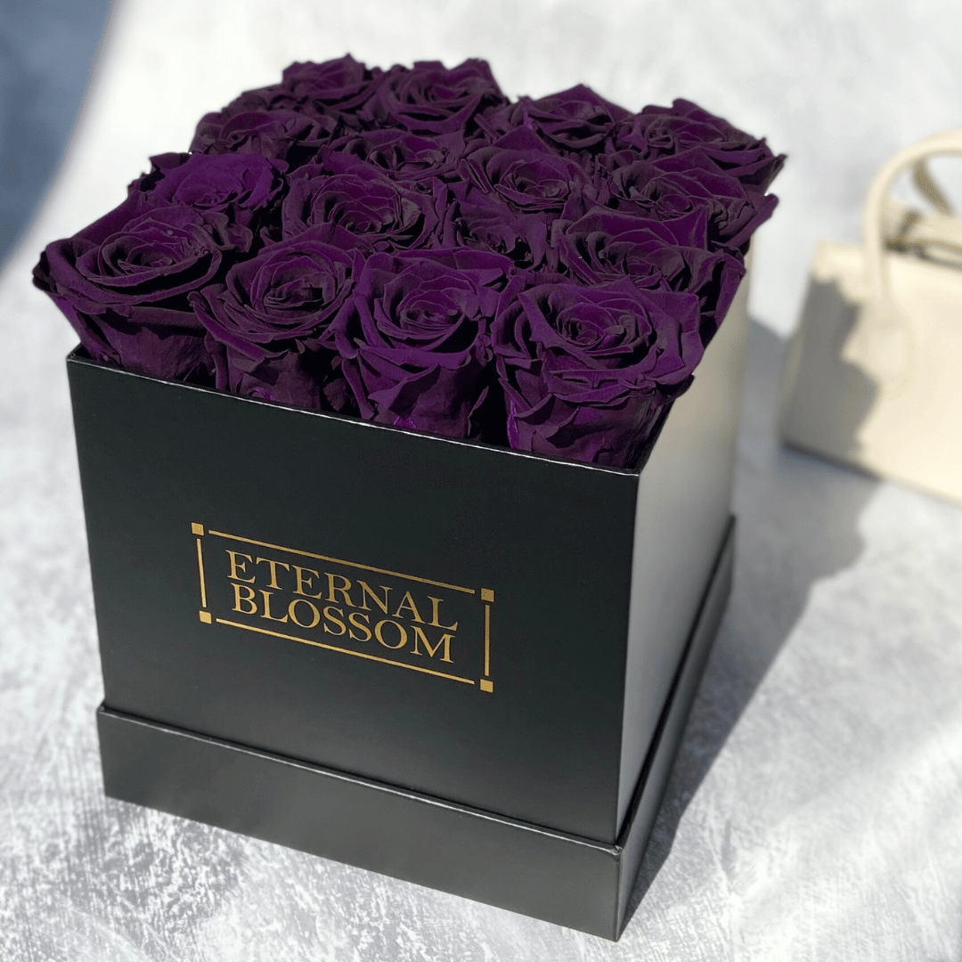 16 Piece Blossom Box - Black Box - All Colours of Year Lasting Infinity Roses - Eternal Blossom