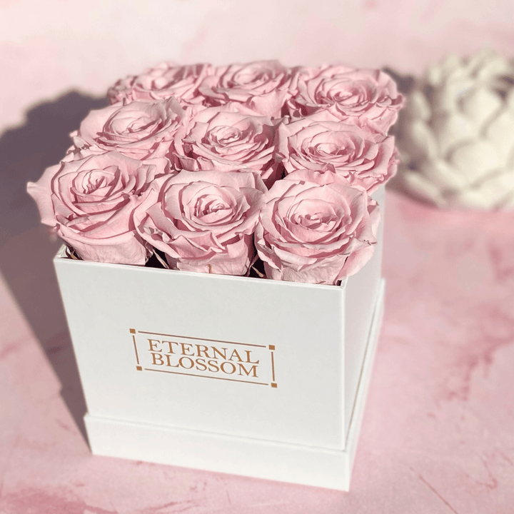 9 Piece Blossom Box - White Box - All Colours of Year Lasting Infinity Roses