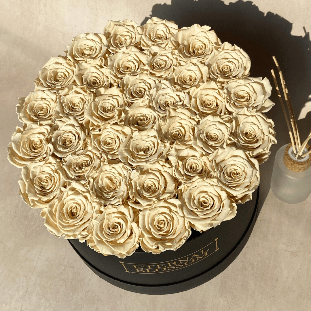 Extra Large Round Blossom Box - Year Lasting Rose Arrangement - Black Box - Eternal Blossom